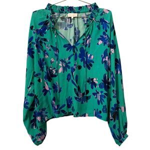 Alivia Women's Teal & Royal Blue Floral Print Ruffle Neck Blouse, viscose, S